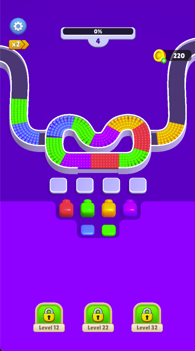 Level 4 starts at 0% with four empty firing slots. The winding track differs from Level 3, so its selection order needs a fresh plan.