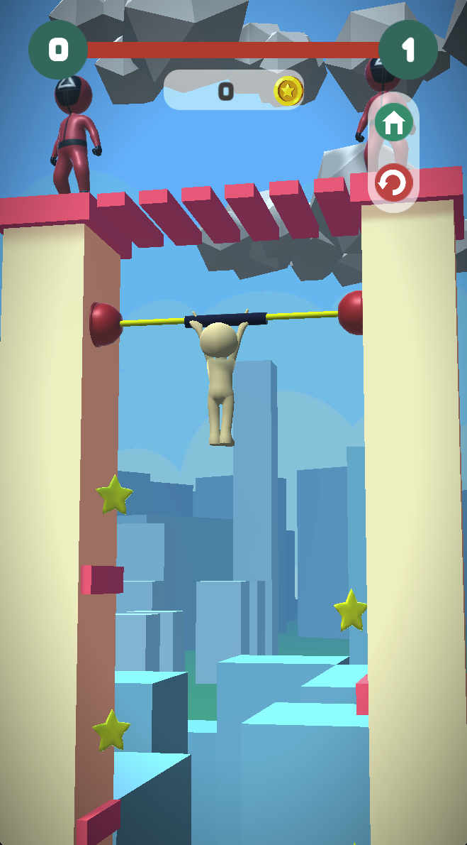 The player hangs between two walls, with ledges and stars below. Inspect the descent rather than assuming movement along a flat running track.