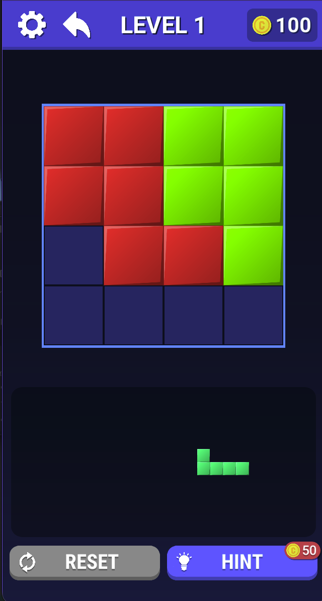 Level 1 has a partly filled square grid and one green L-shaped piece below. Compare that outline with the remaining lower-left gap.