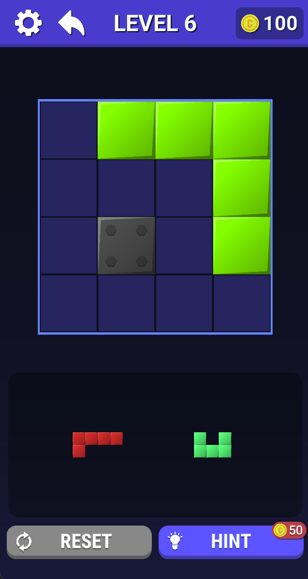 Level 6 includes a gray blocked cell and green occupied cells. Remaining shapes must fit the usable spaces around them.