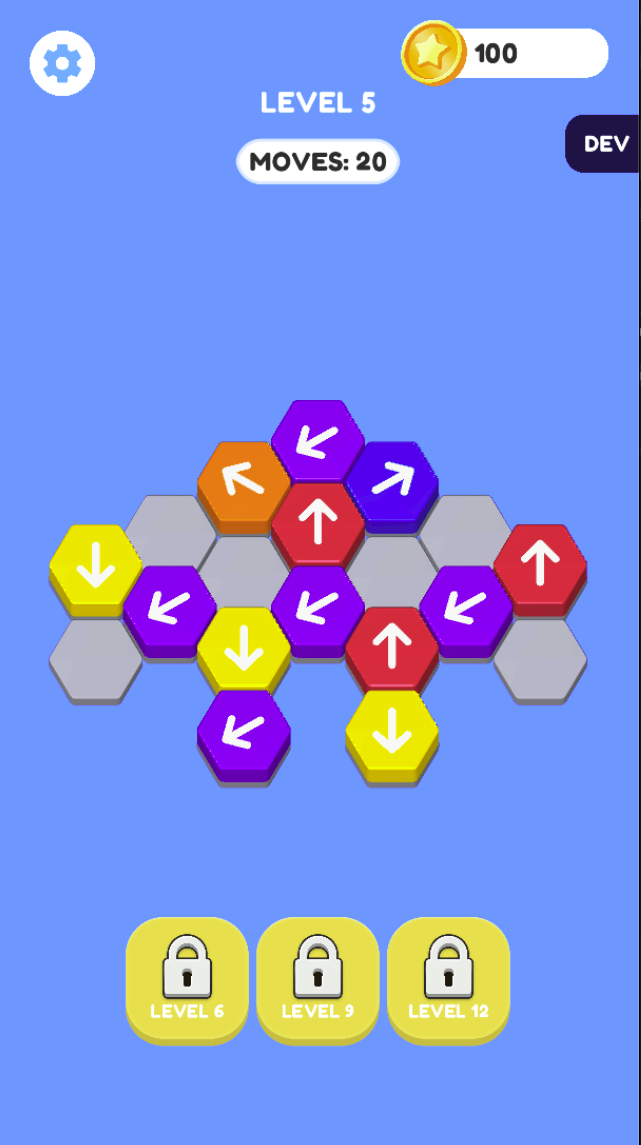 Level 5 displays MOVES: 20 above arrow-marked hexagons. Trace the outgoing direction before choosing a tile.
