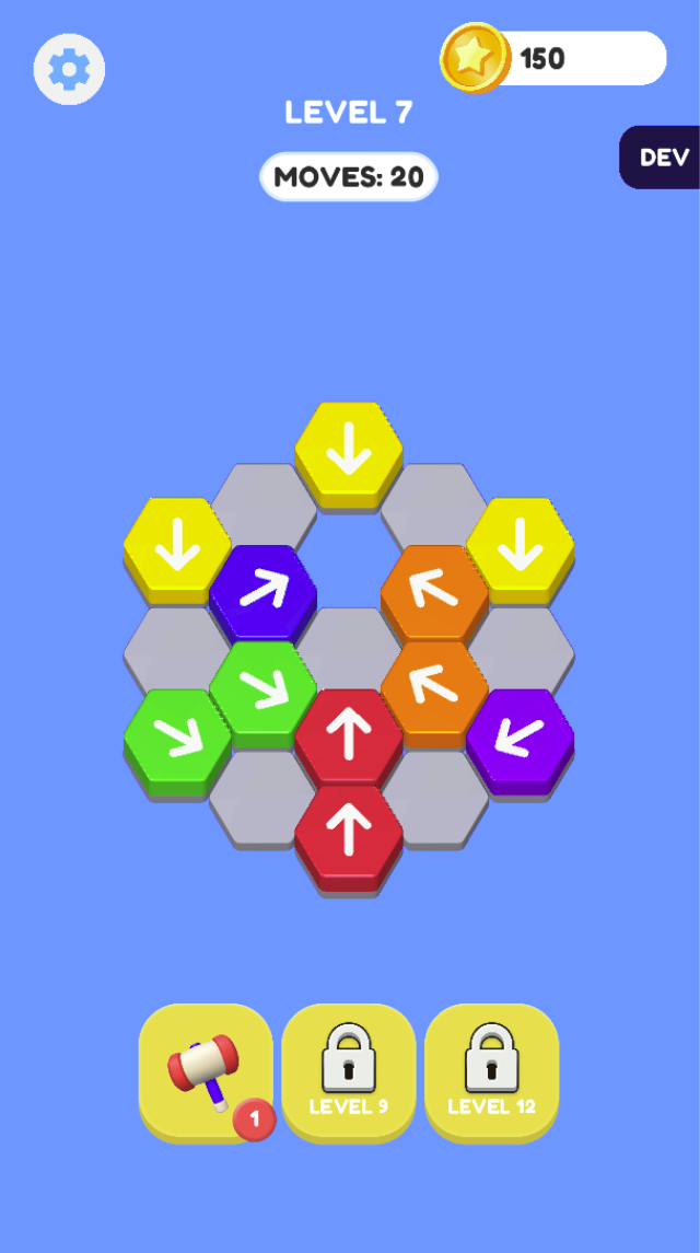 Level 7 again shows MOVES: 20, with the hammer available and other tools locked. Use the actual tool state of the current board.