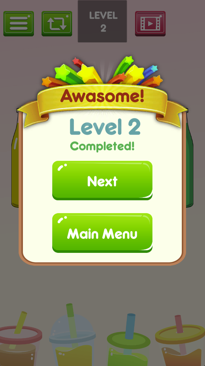 Level 2 Completed offers Next and Main Menu. This is the result screen, rather than another position in the Level 1 sequence.